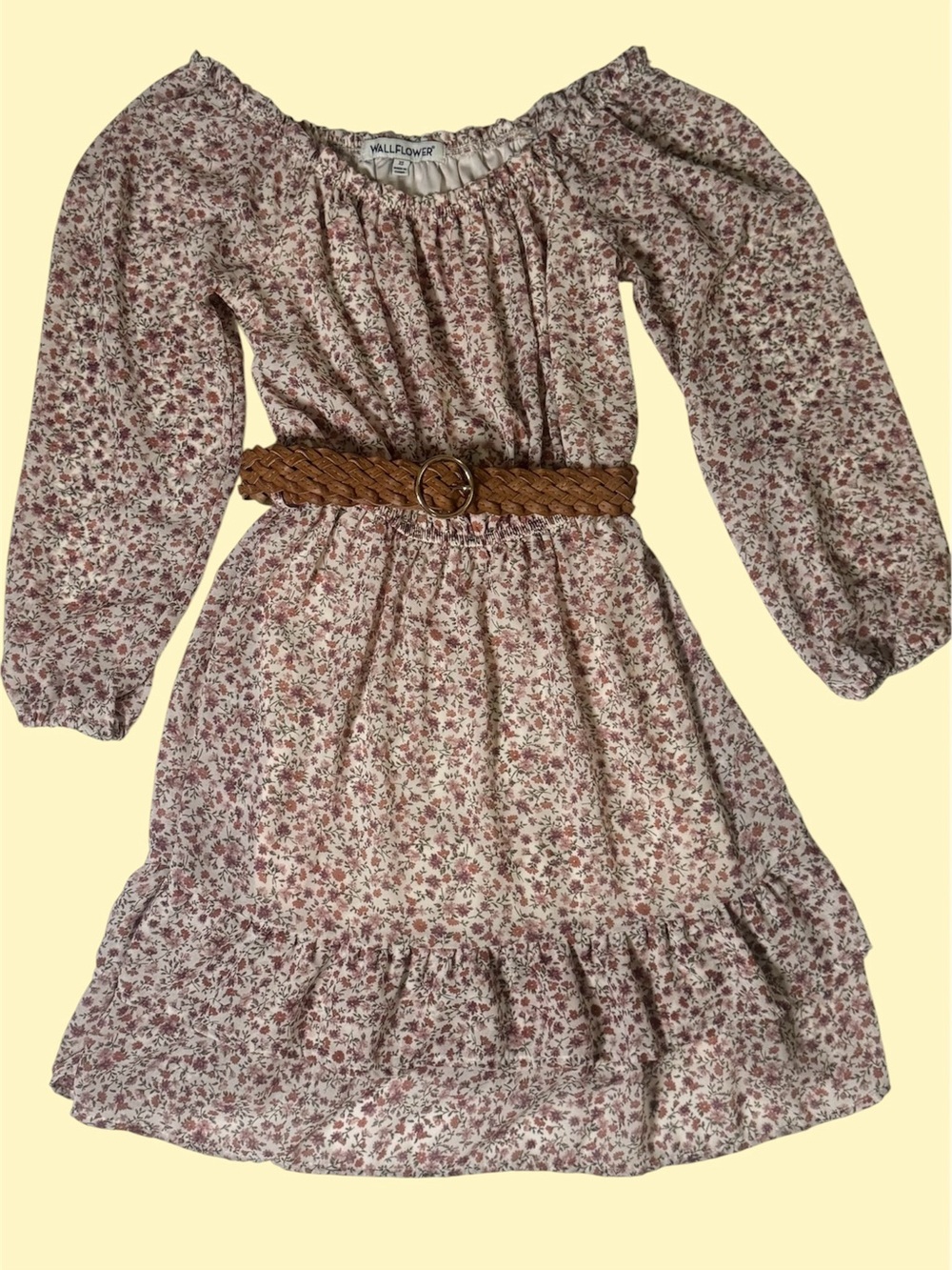 Wallflower Cream Floral Off-Shoulder Dress with Tan Braided Belt